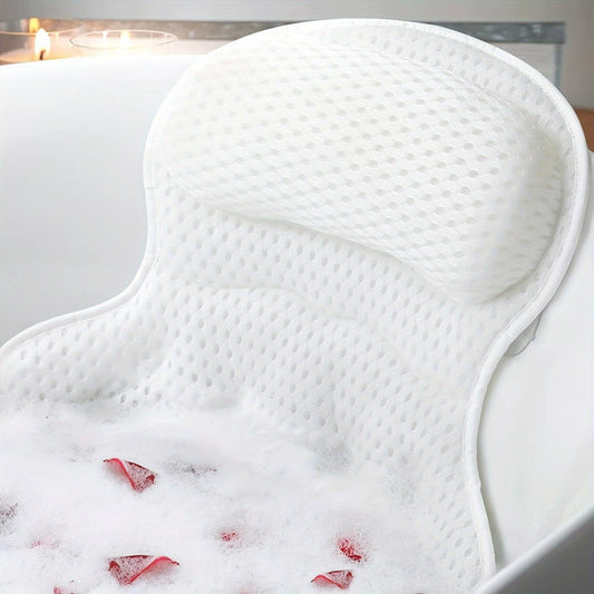 "Ergonomisch luxe badkussen, ademend 4D luchtgaas, wit, met antislip zuignappen voor ultiem comfort en neksteun."