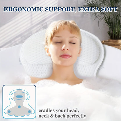 "Ergonomisch luxe badkussen, ademend 4D luchtgaas, wit, met antislip zuignappen voor ultiem comfort en neksteun."