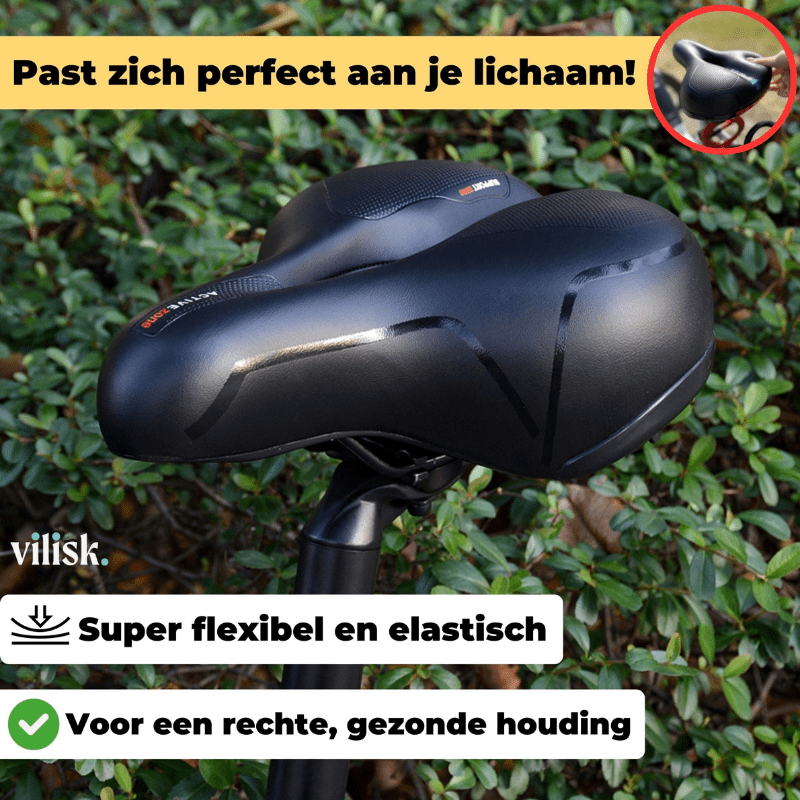 Ergonomisch SoftRide fietszadel op racefiets, vermindert rugklachten en verhoogt comfort tijdens het fietsen.