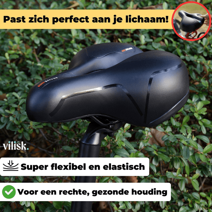 Ergonomisch SoftRide fietszadel op racefiets, vermindert rugklachten en verhoogt comfort tijdens het fietsen.