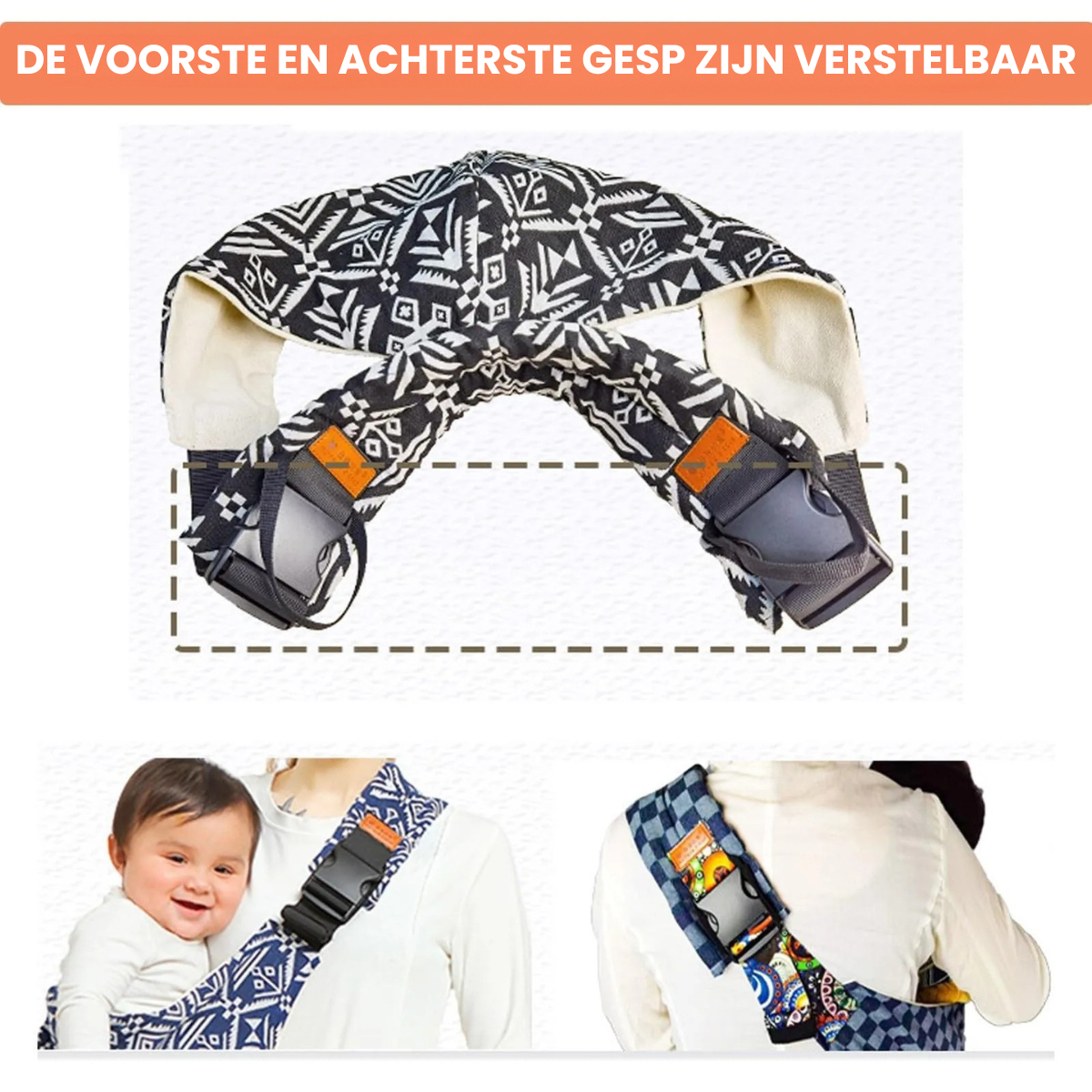"Ergonomische baby draagzak in zwart met aanpasbare banden, ademend materiaal voor comfortabel dragen van je kind."