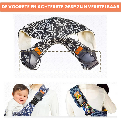 "Ergonomische baby draagzak in zwart met aanpasbare banden, ademend materiaal voor comfortabel dragen van je kind."