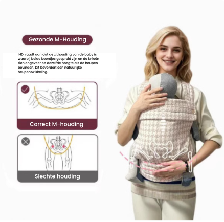 Ergonomische draagzak ondersteunt heupen van baby en comfort van ouder. Ideaal voor langdurig babydragen.