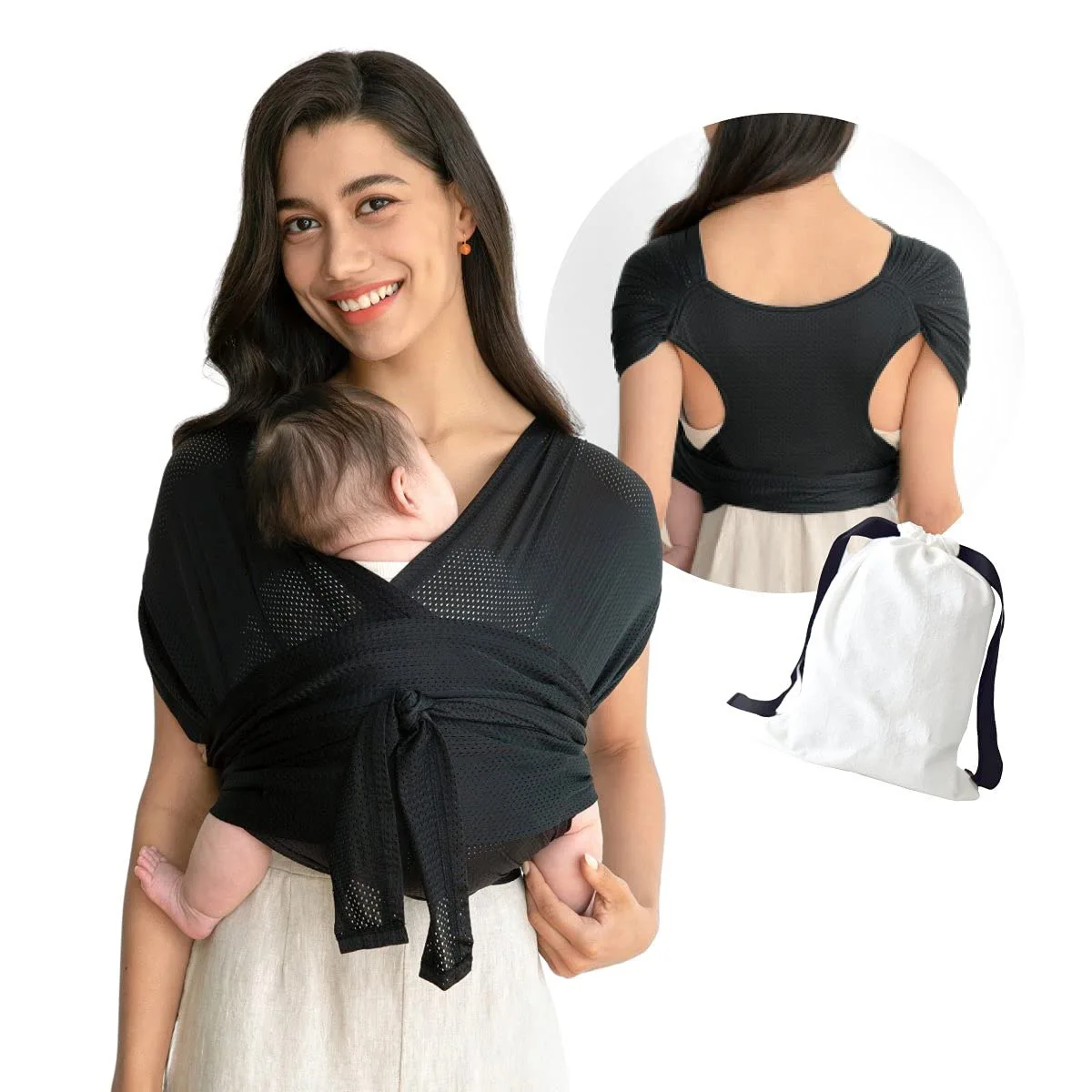 Ergonomische SnuggleWrap draagdoek, comfortabel baby dragen, verstelbare schouderbanden, grijs, ademend materiaal.