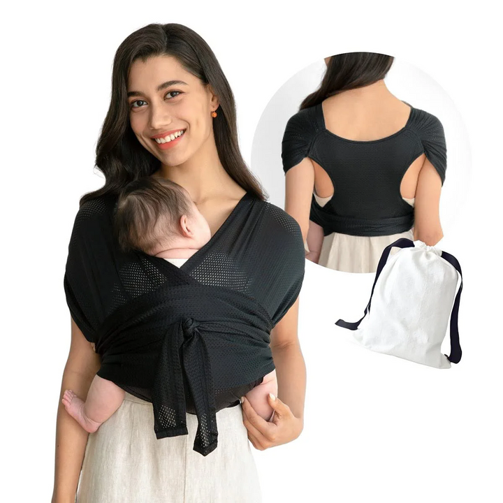 Ergonomische draagdoek voor pasgeborenen, zachte ondersteuning en veilige positie voor de allerkleinsten.