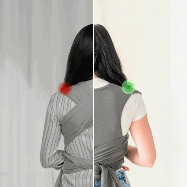 Veelzijdige babydraagdoek toont verschillende ergonomische draagposities voor baby's van alle leeftijden.