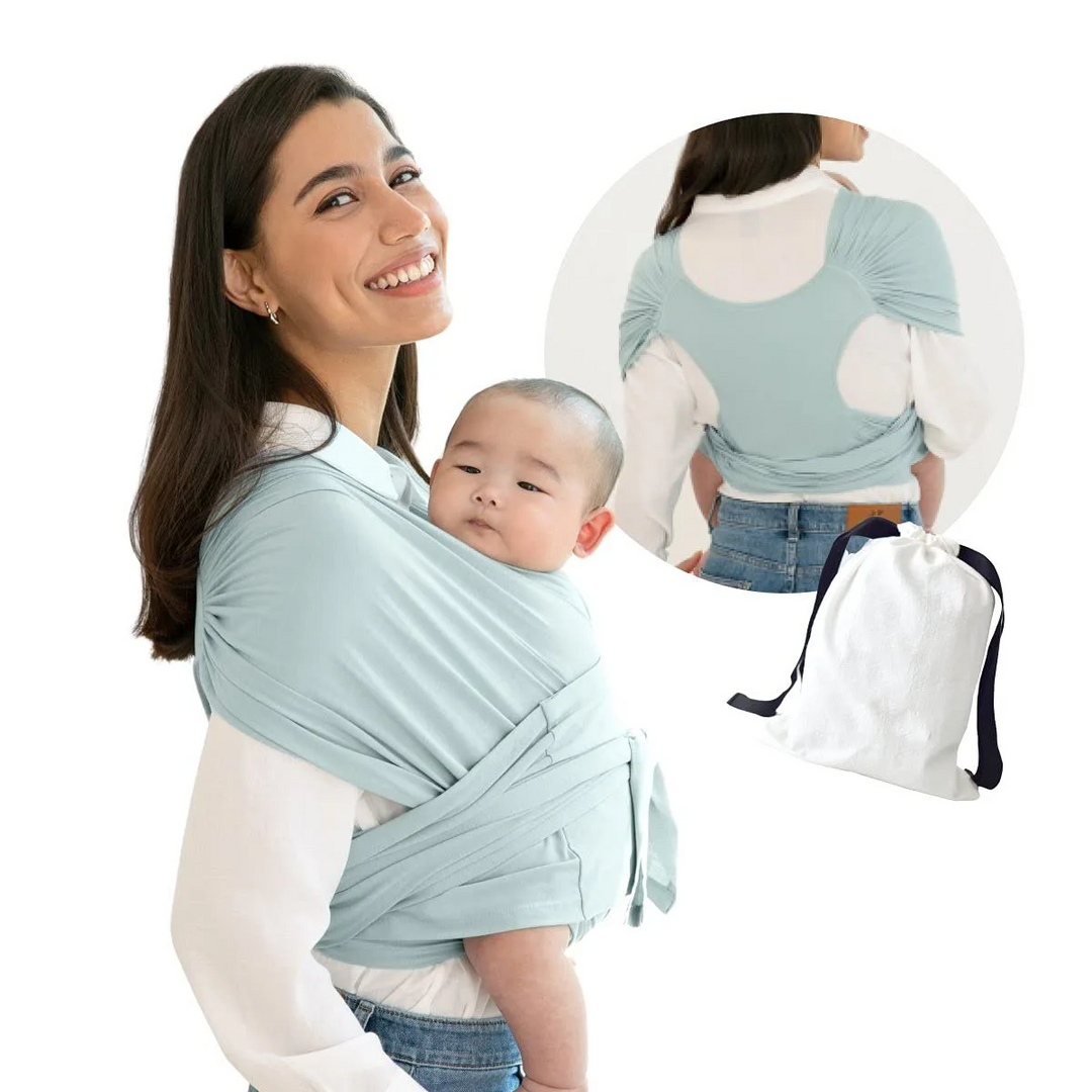 Modieuze ergonomische draagdoek in neutrale kleur, biedt comfort en veiligheid voor baby en ouder.