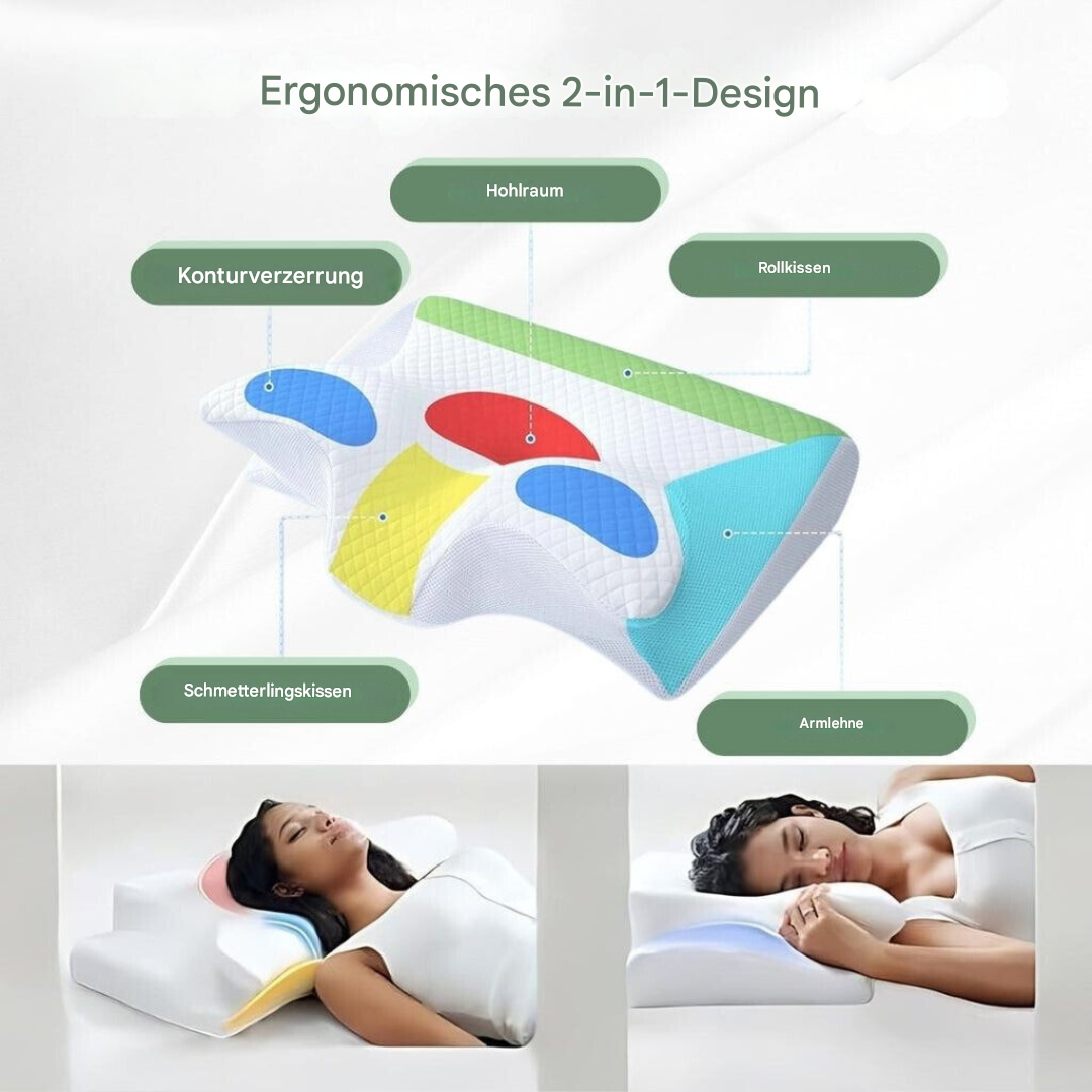 Detailopname van het Mayer orthopedisch kussen, toont de ergonomische vorm en zacht traagschuim voor slaapcomfort.
