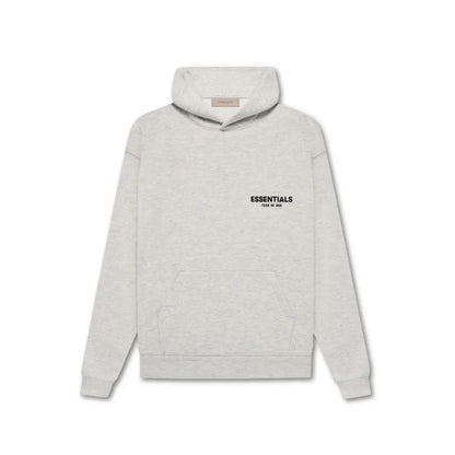 "Essentials oversized unisex hoodie in beige, grijs of zwart met ruime capuchon, buidelzak en minimalistisch ontwerp."