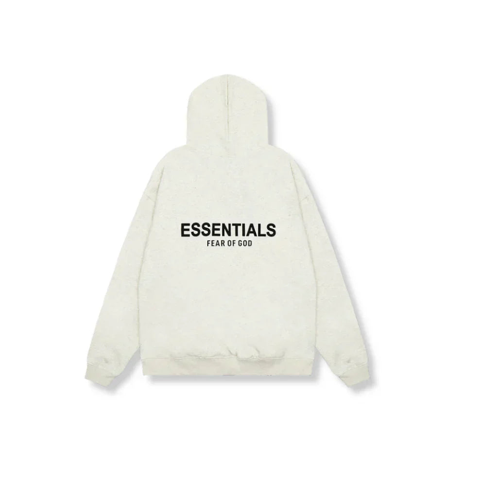"Essentials oversized unisex hoodie in beige, grijs of zwart met ruime capuchon, buidelzak en minimalistisch ontwerp."