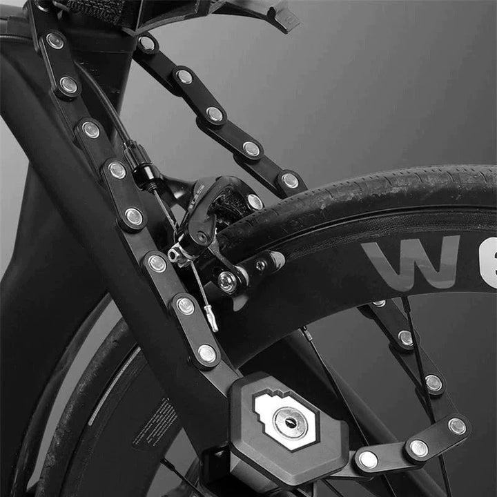 Compact opvouwbaar anti-diefstal fietsslot van SafeRide voor optimale fietsbeveiliging.