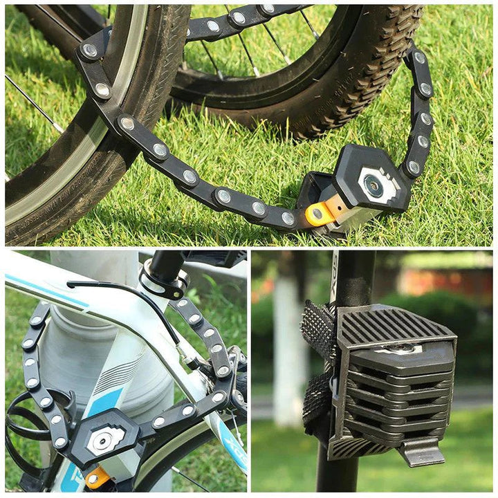 Compact SafeRide opvouwbaar fietsslot in de hand, toont draagbaarheid en gebruiksgemak voor fietsers.