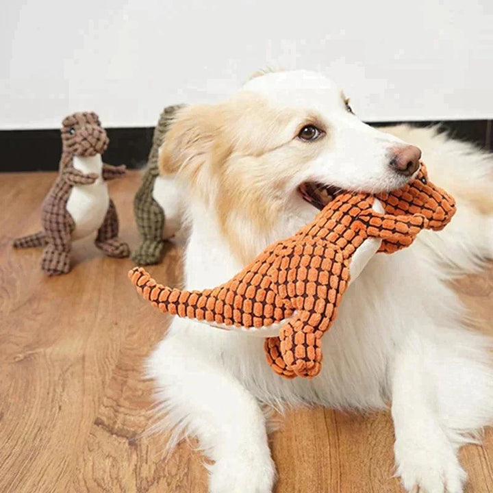 Interactief bruin dino speelgoed voor honden, stimuleert actief spelen en langdurig kauwplezier.