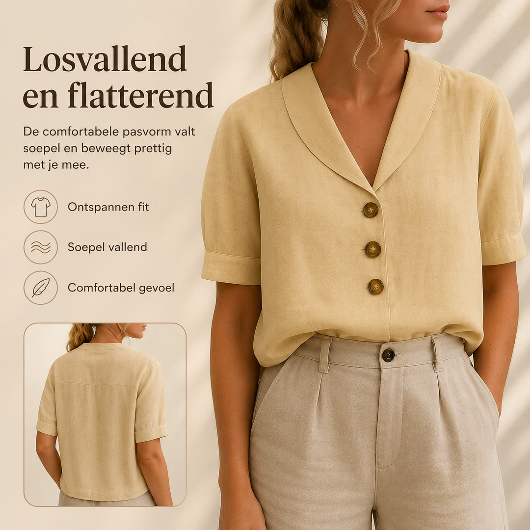 Casual veelzijdig dames t-shirt met modieuze envelophals en subtiele knoopaccenten, ideaal voor de zomer.