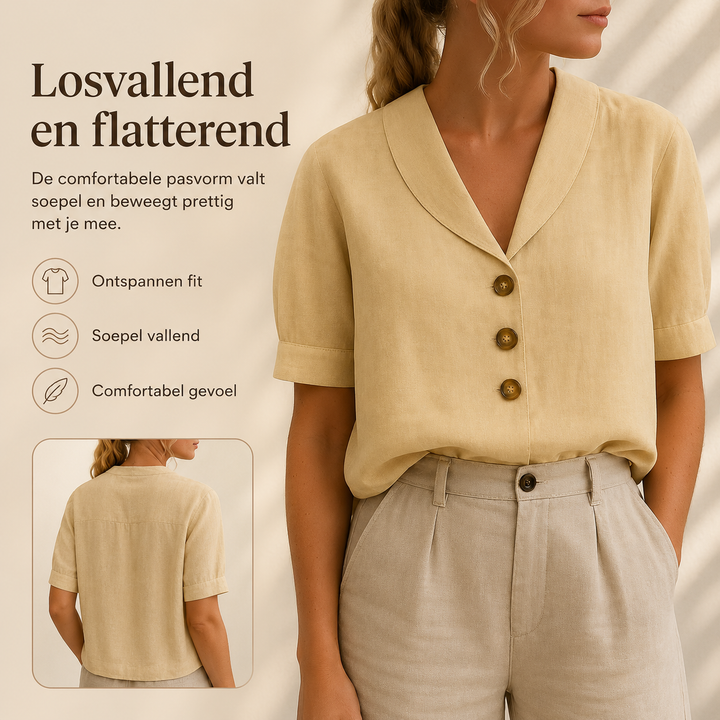 Casual veelzijdig dames t-shirt met modieuze envelophals en subtiele knoopaccenten, ideaal voor de zomer.