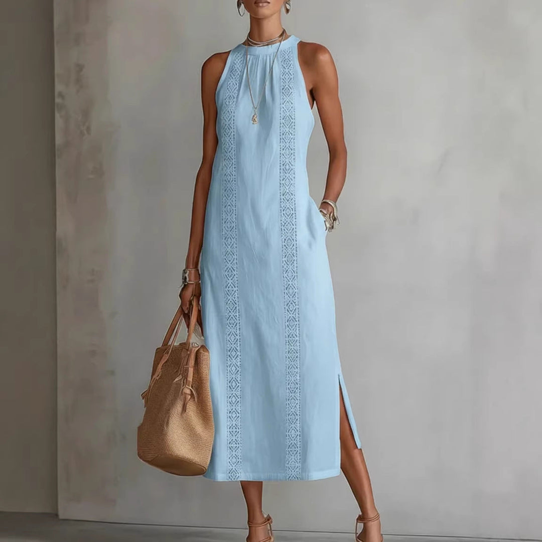 Frisse dames zomerjurk, type CJ26, met elegante halternek en verfijnd kanten patchwork. Perfect voor warme dagen.