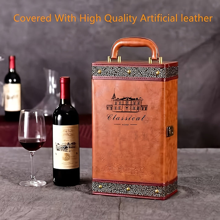 Luxe cadeaubox: vintage wijnetui van PU leer voor 2 flessen met complete accessoires set.