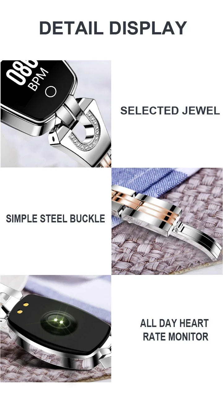 Stijlvolle gouden waterdichte fitness armband voor dames, moderne gezondheidsmonitor met smartwatch functies.