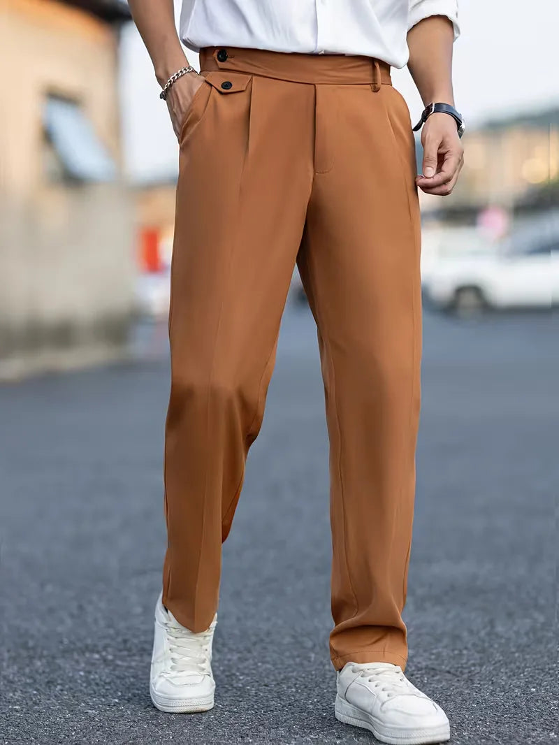 Polyester straight leg pantalon, heren smart casual, ademend voor warmere dagen.