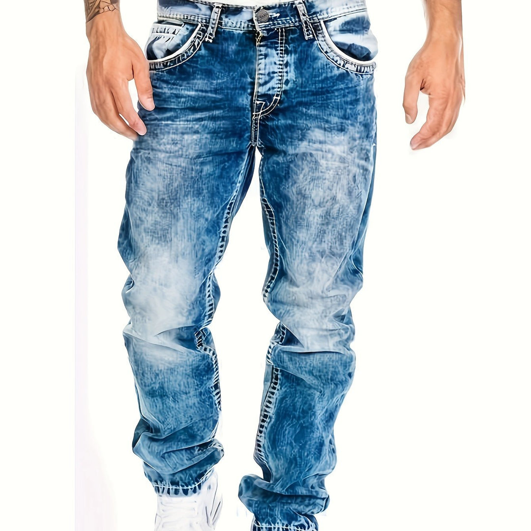 Heren denim jeans, distressed en punk look, slim fit. Stoere broek geschikt voor alternatieve kledingstijlen.