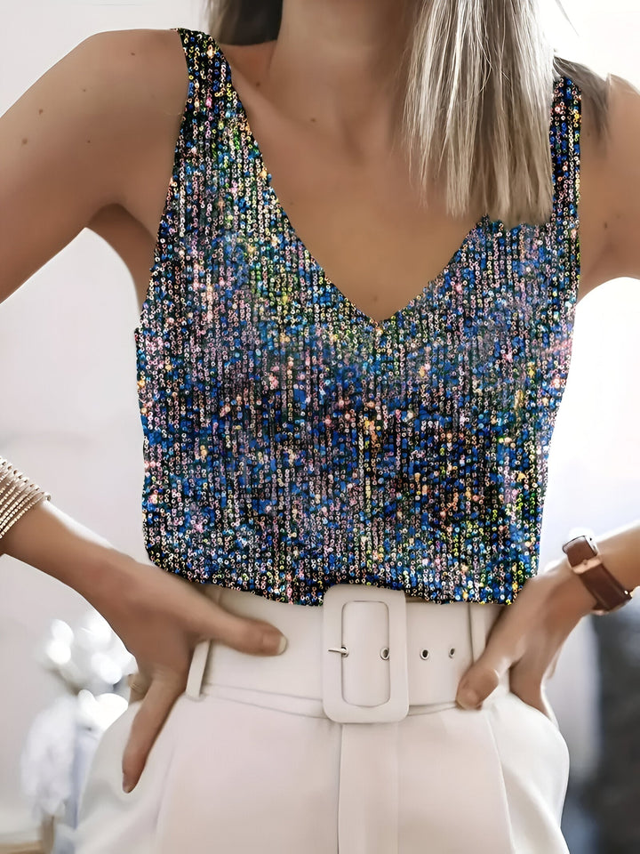Trendy dames pailletten top met V-hals, een veelzijdige en glamoureuze aanvulling op je garderobe.