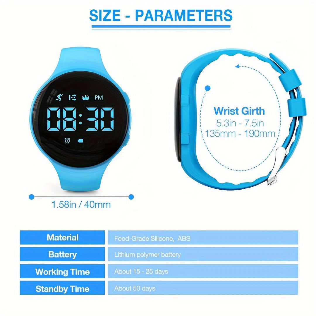Modern kinder stappenteller horloge met digitaal LED display en een discreet vibrerend alarm.