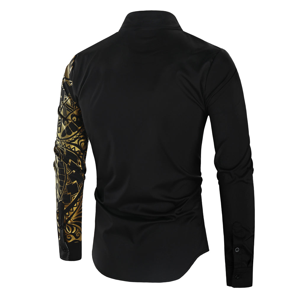 Mannelijk slim fit herenoverhemd met glanzende gouden accenten, lange mouwen, elegant voor avondkleding.