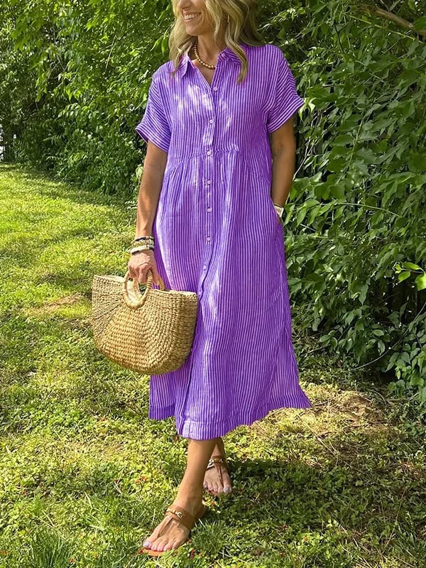 Dames gestreepte blousejurk van achteren, met losse pasvorm voor comfort en stijl. Zomer/lente.