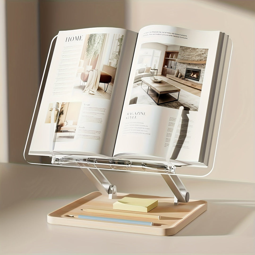 Veelzijdige acryl leesstandaard, verstelbaar voor boeken, tablets en laptops. Essentieel voor een productief bureau.