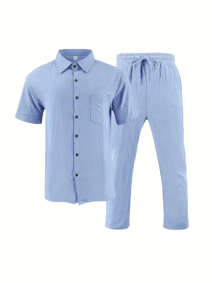 Heren zomerset: V-hals shirt korte mouwen & rechte pijpen broek, perfect voor warme zomerdagen.