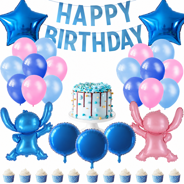 Lilo & Stitch verjaardagsset met feestdecoraties, ballonnen en slinger voor een compleet kinderfeest themafeestje.