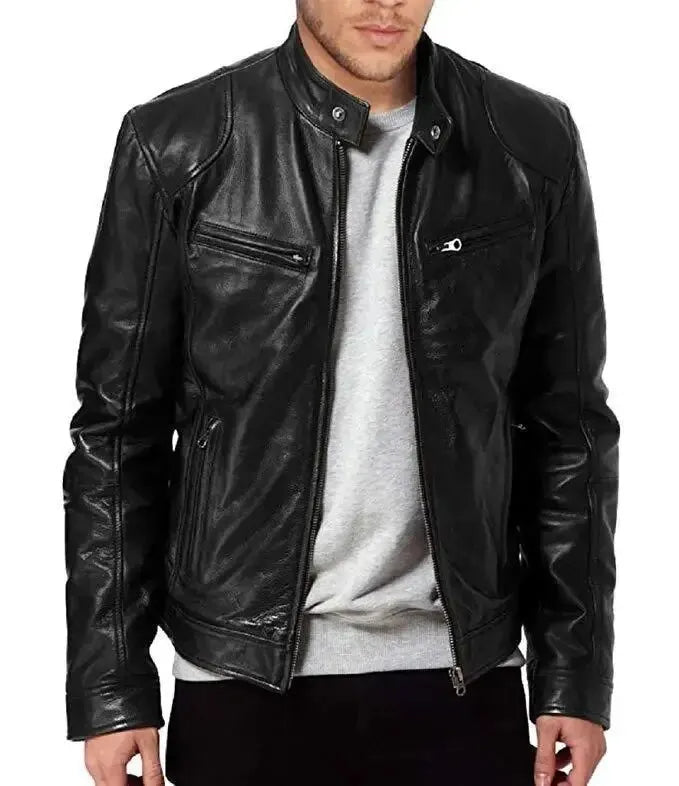 Zwart heren motorjack met ritssluiting, stijlvol bikerjack voor een stoere casual look.