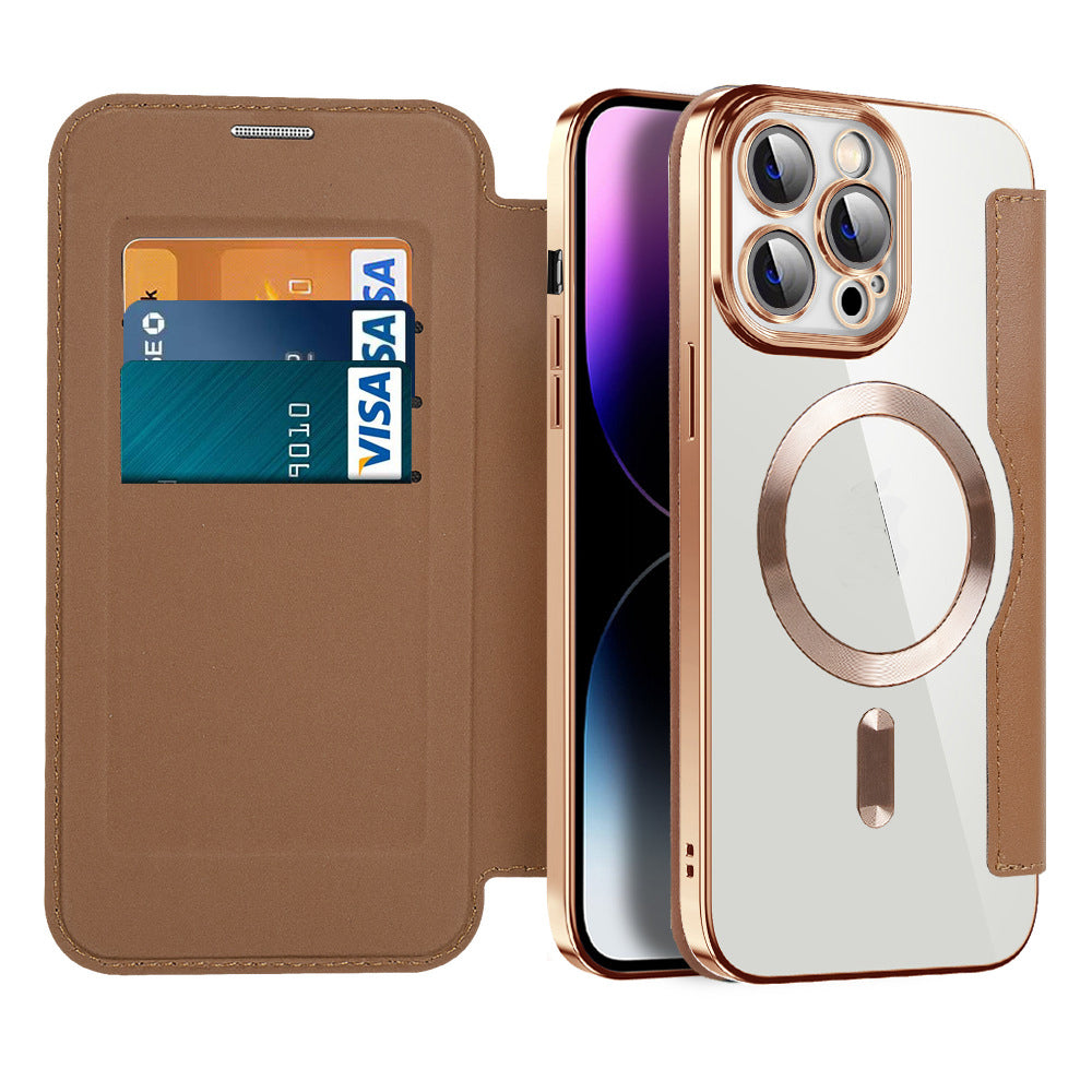 Luxe leren flipcase voor iPhone met magnetische sluiting, RFID-bescherming en draadloos opladen.