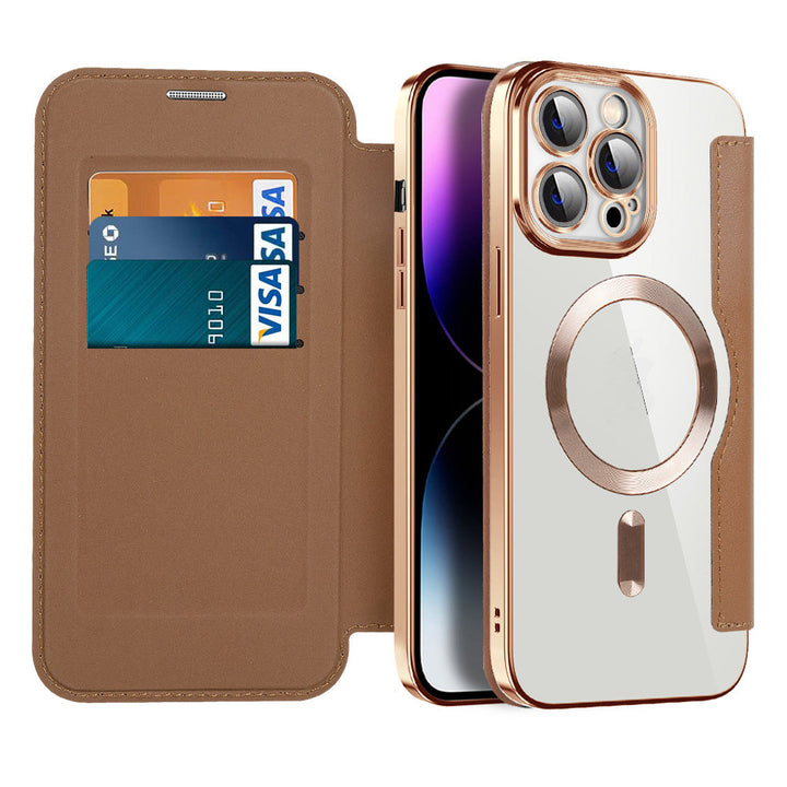 Luxe leren flipcase voor iPhone met magnetische sluiting, RFID-bescherming en draadloos opladen.
