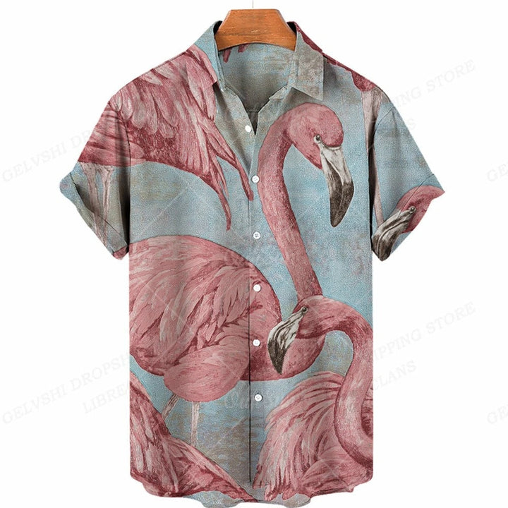 Heren Nico 3D Flamingo Hawai overhemd, zomeroverhemd voor strand en vakantie. Kortemouw, kleurrijk.