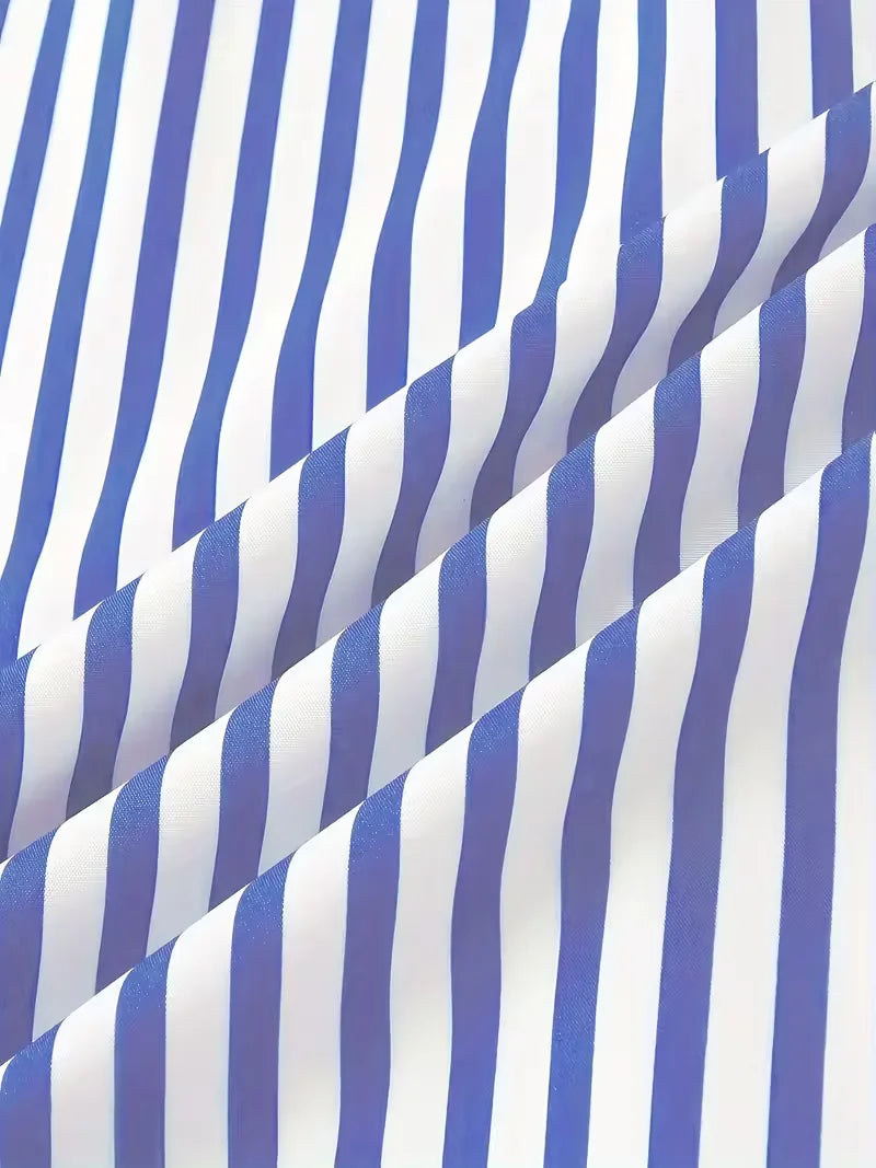 Herenoverhemd: slim fit, lange mouwen, mandarijn kraag, verticale strepen. Perfecte zakelijke casual kleding.