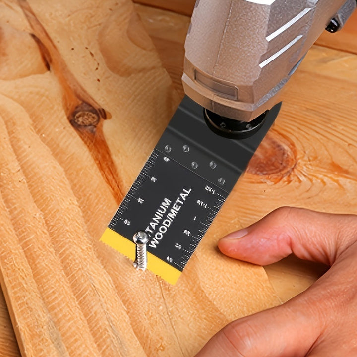 Universele multitool zaagbladen met titanium coating, geschikt voor machines en diverse materialen.