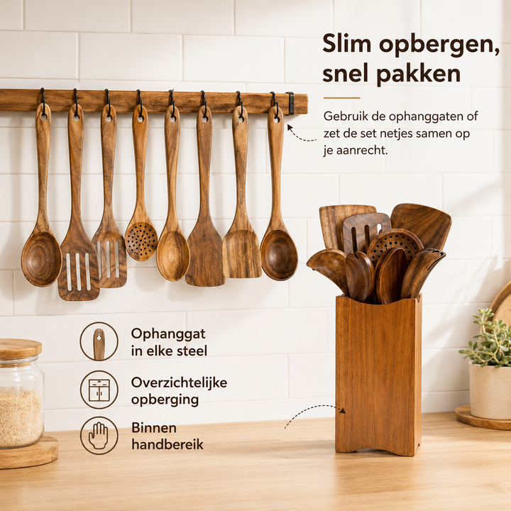 Hoogwaardige 8-delige acaciahouten keukenset. Krasvrij kookgerei en duurzame houten lepels voor uw keuken.