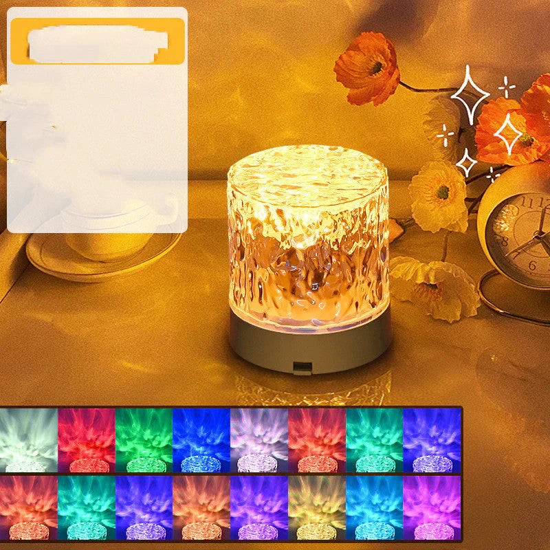 AuraGlow draadloze sfeerlamp in woonkamer creëert ontspannen sfeer met LED watergolven, bedienbaar met afstandsbediening.