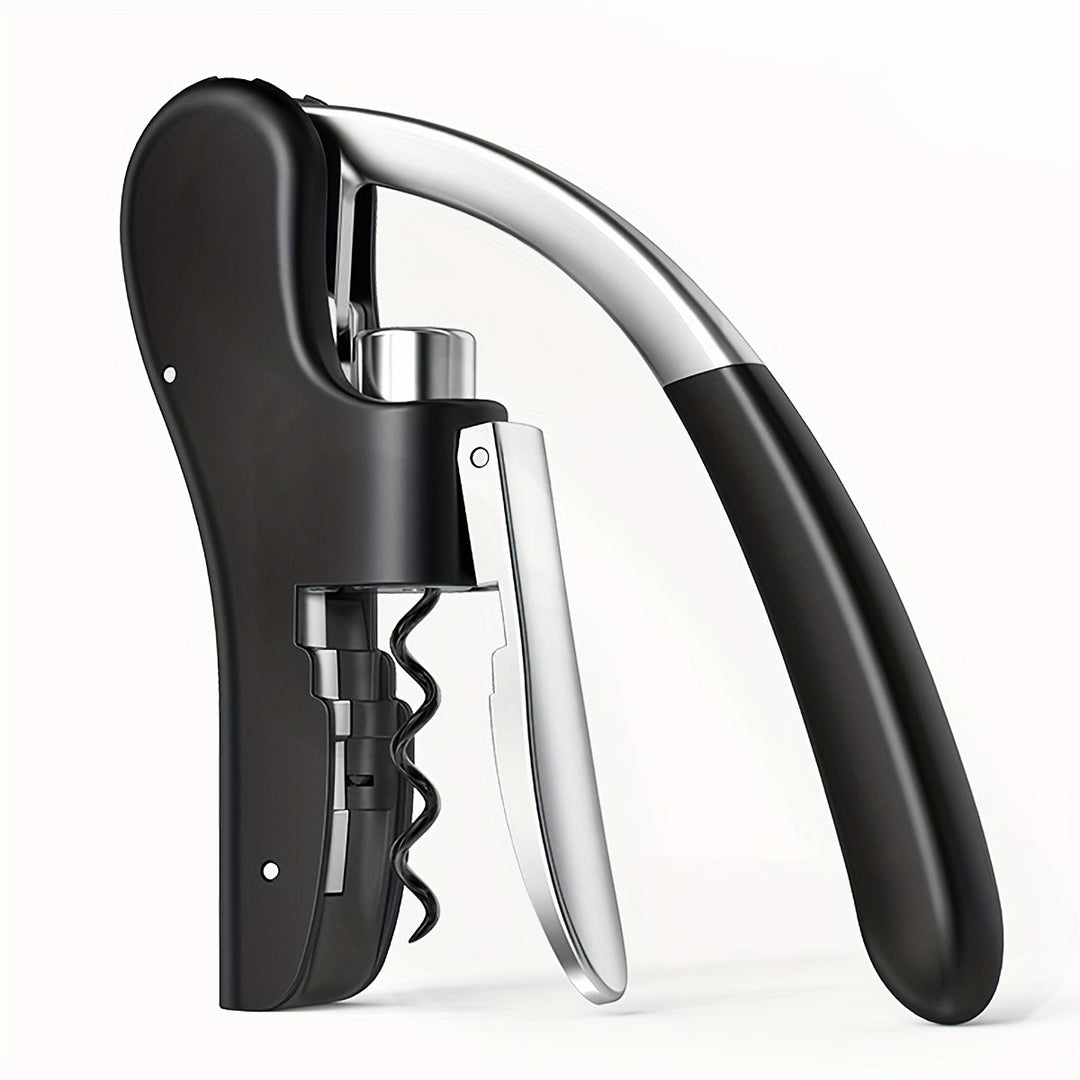Zwarte ergonomische kurkentrekker op een modern keukenblad, klaar voor gebruik.