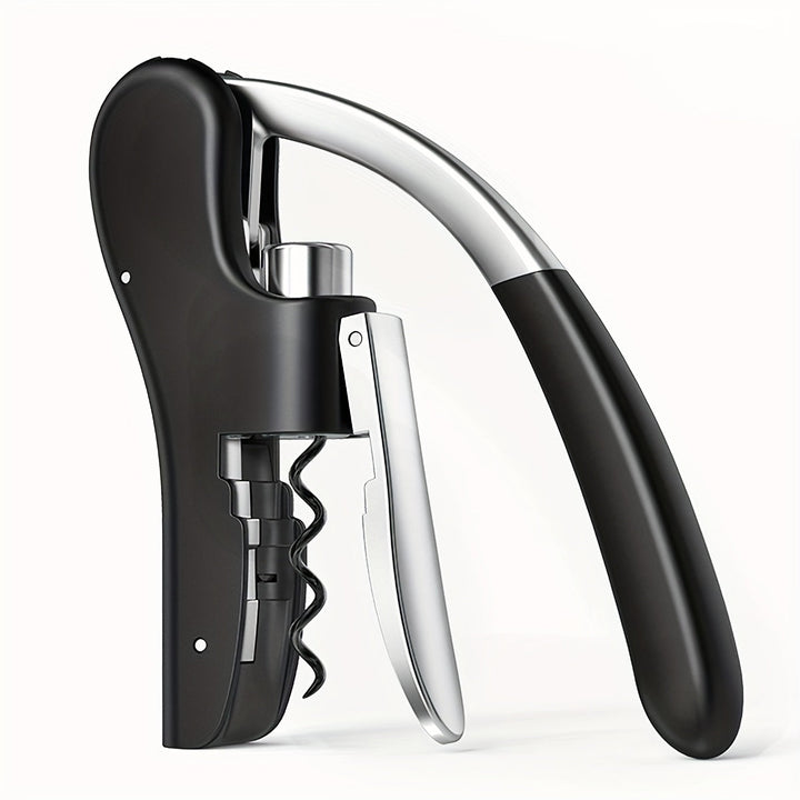 Zwarte ergonomische kurkentrekker op een modern keukenblad, klaar voor gebruik.