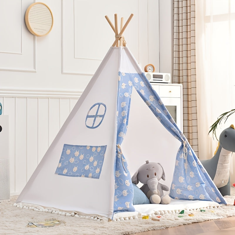 Stevige canvas tipi tent voor kinderen met houten stokken, ideaal als speelplek binnen of buiten.