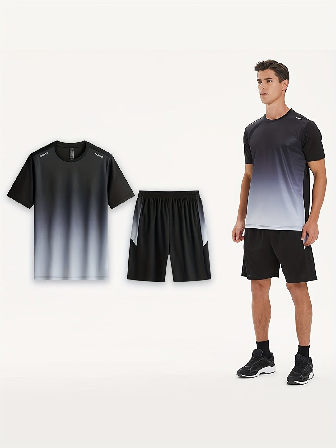 Comfortabele heren sportset, bestaande uit een ademend T-shirt en bijpassende shorts. Perfect voor intensieve trainingen.