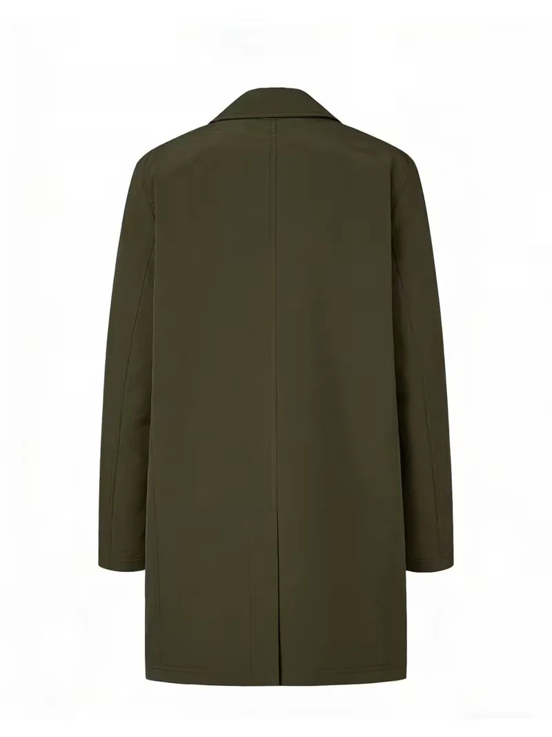 Olijfgroene slim fit heren trenchcoat, stijlvolle lente- en herfstjas voor smart casual herenkleding.