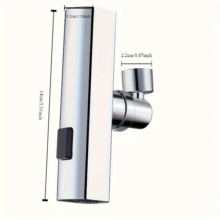 Chroomkleurige 3-in-1 kraan adapter met roterende sproeikop voor keuken en badkamer. Praktisch huishoudelijk item.
