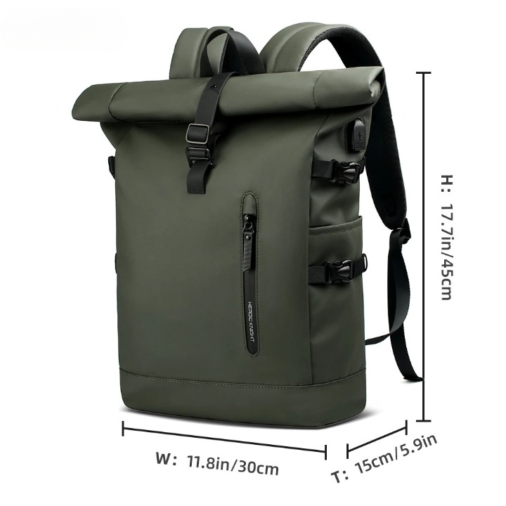 Stijlvolle grijze waterdichte rolltop dagrugzak voor heren, perfect voor school, outdoor en dagelijks gebruik.