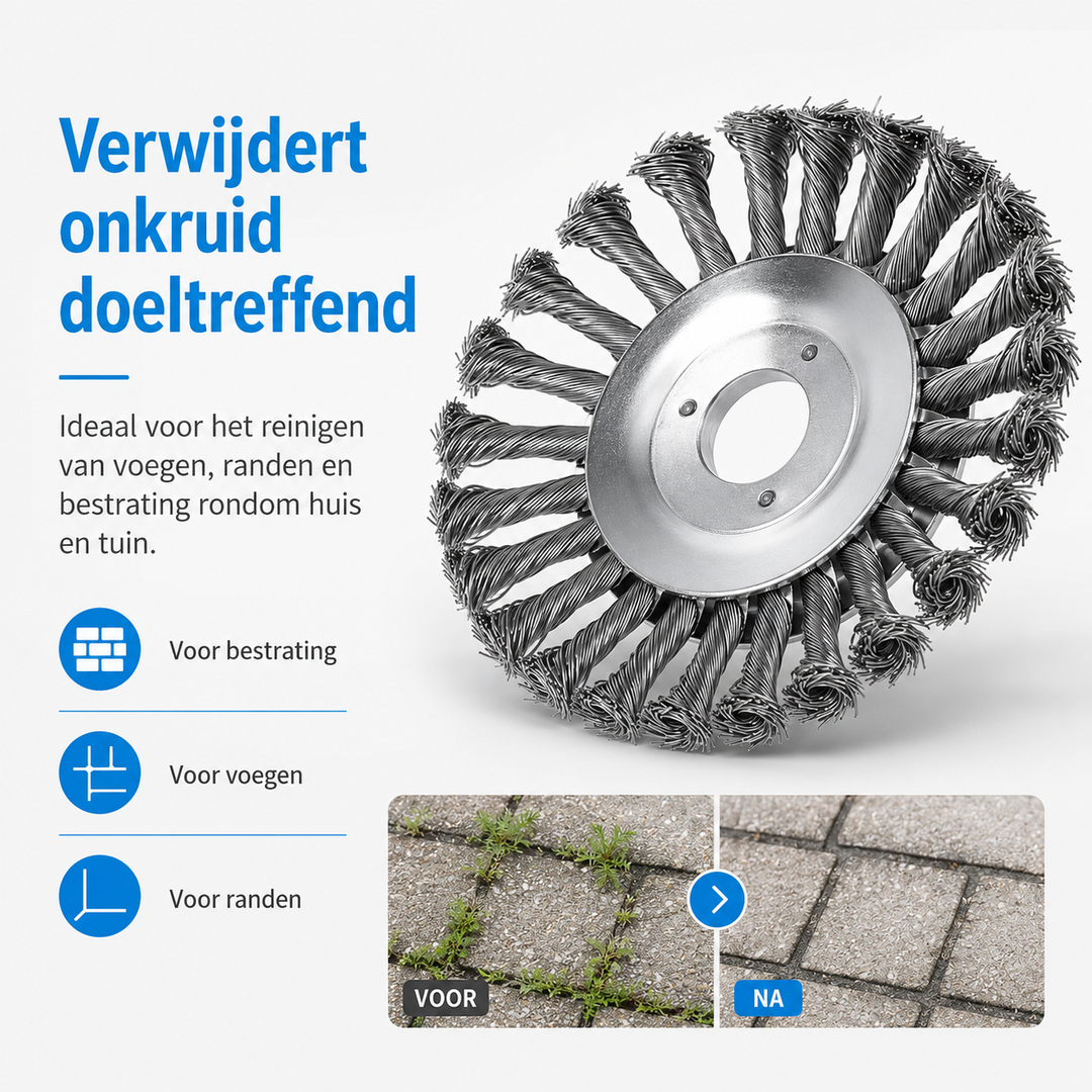 SANDSBERGORIGINALS staaldraadborstel onkruidverwijderaar. Reinig terrassen, opritten en verwijder roest effectief.