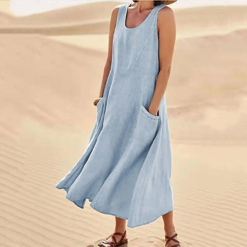 Casual chique lange linnen jurk voor dames, mouwloos, de ideale zomerjurk voor dagelijks gebruik.