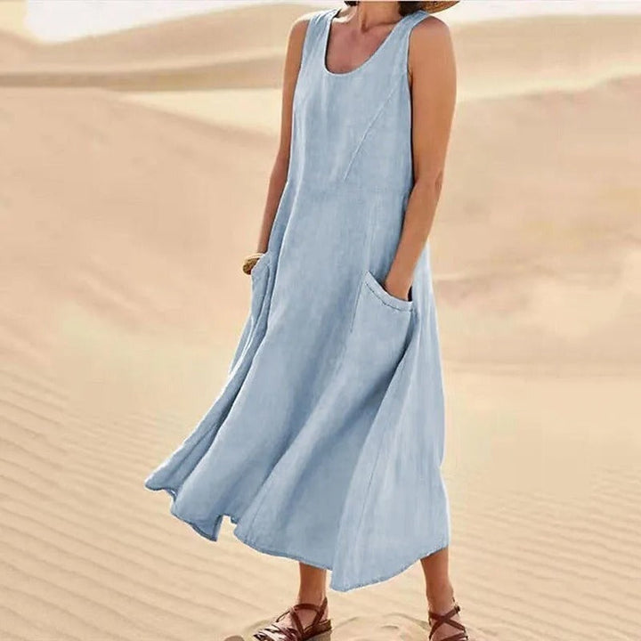 Casual chique lange linnen jurk voor dames, mouwloos, de ideale zomerjurk voor dagelijks gebruik.