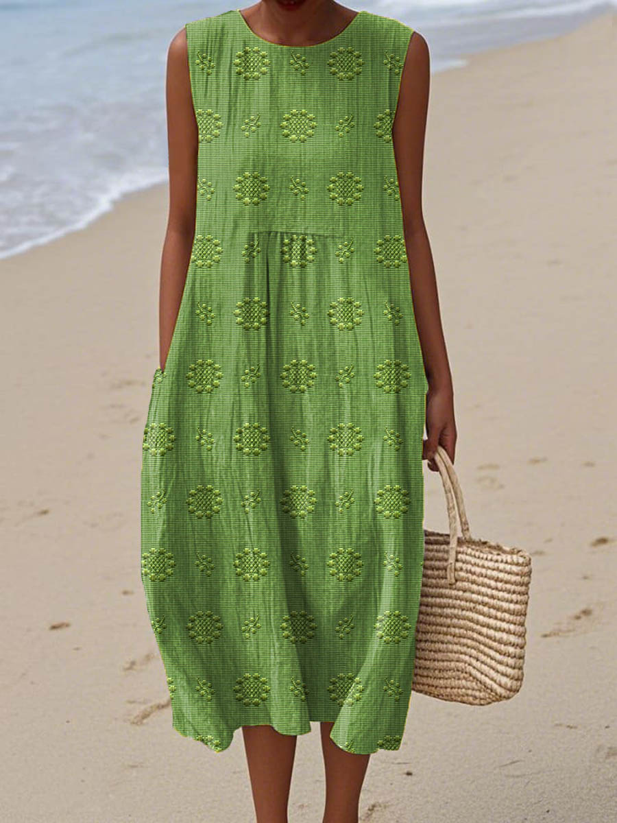 Elegante vintage dames midi jurk met kleurrijke bloemendetails, perfect voor zomerse dagen of feesten.